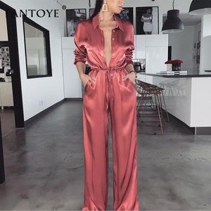 2019 Spring Sexy Solid Lapel Deep V Neck Playsuits